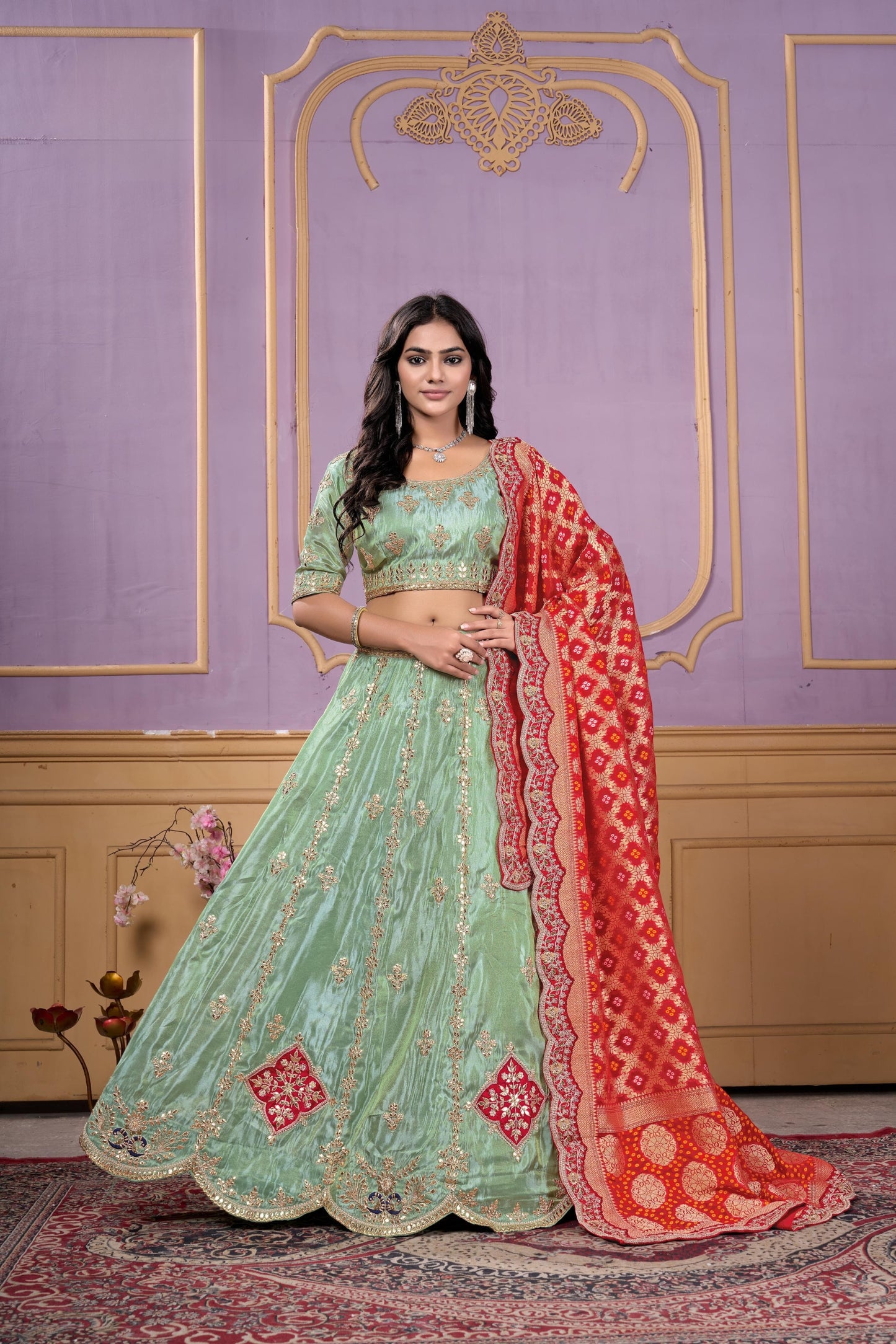 Glorious Pista Green Viscose Sequins Wedding Wear Lehenga Choli