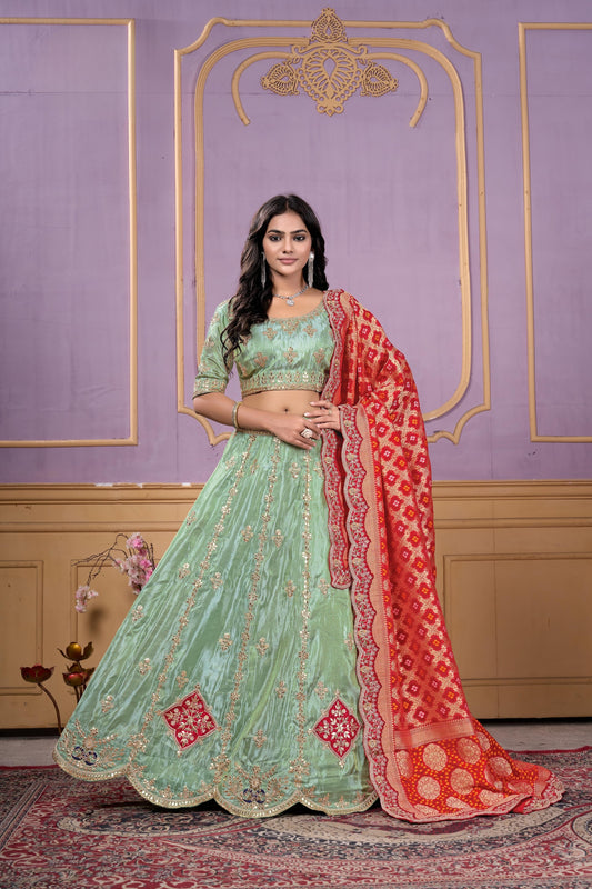 Glorious Pista Green Viscose Sequins Wedding Wear Lehenga Choli