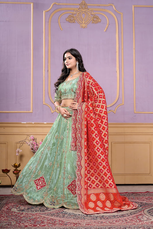 Glorious Pista Green Viscose Sequins Wedding Wear Lehenga Choli