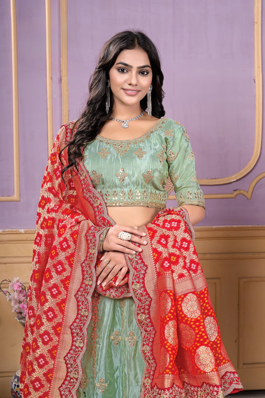 Glorious Pista Green Viscose Sequins Wedding Wear Lehenga Choli