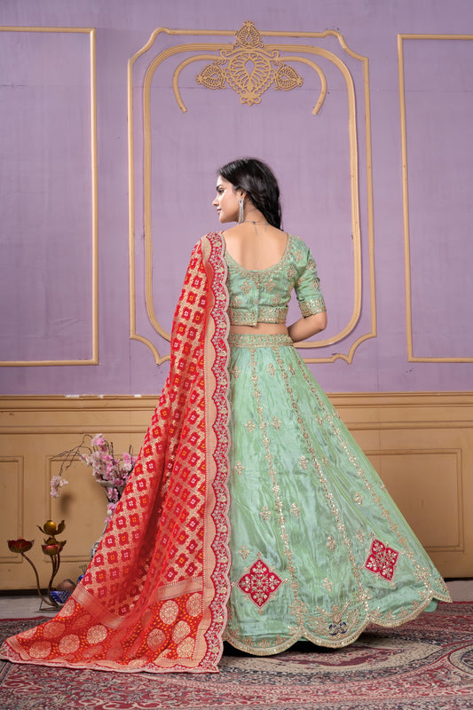 Glorious Pista Green Viscose Sequins Wedding Wear Lehenga Choli