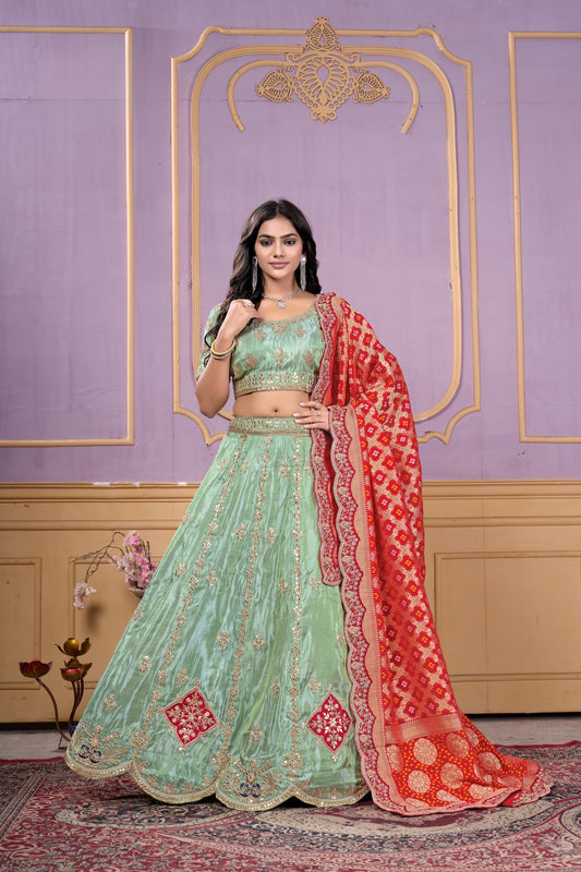 Glorious Pista Green Viscose Sequins Wedding Wear Lehenga Choli