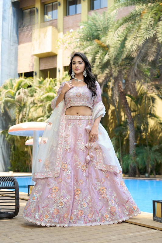 Wonderful Purple Embroidered Organza Lehenga Choli with Dupatta for Wedding