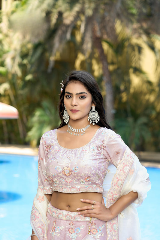 Wonderful Purple Embroidered Organza Lehenga Choli with Dupatta for Wedding