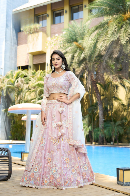 Wonderful Purple Embroidered Organza Lehenga Choli with Dupatta for Wedding