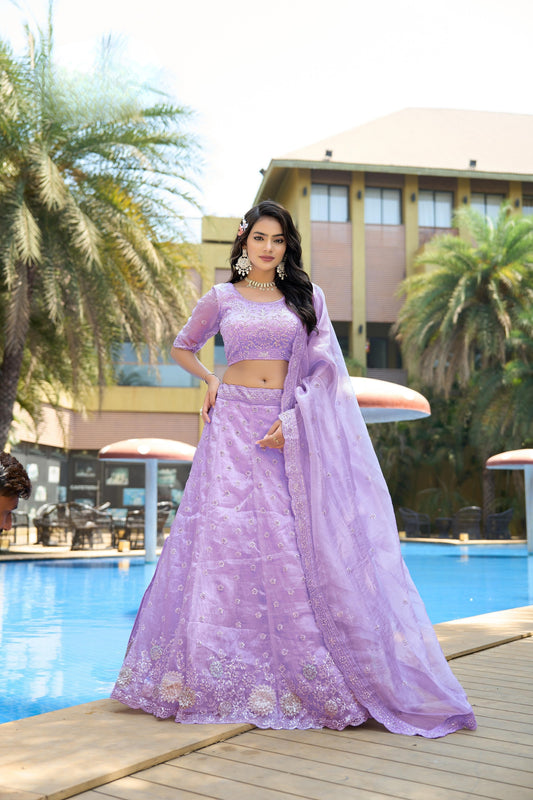 Unique Lavender Embroidered Organza Lehenga Choli with Dupatta for Wedding