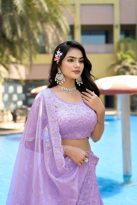 Unique Lavender Embroidered Organza Lehenga Choli with Dupatta for Wedding