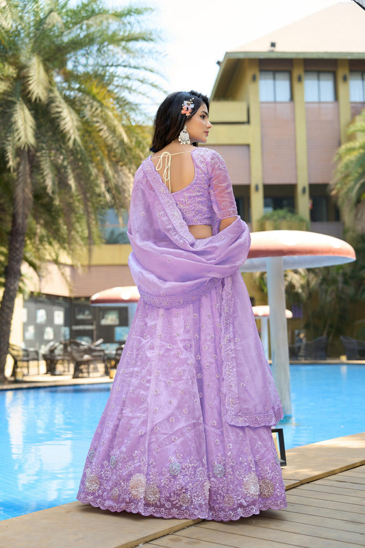 Unique Lavender Embroidered Organza Lehenga Choli with Dupatta for Wedding