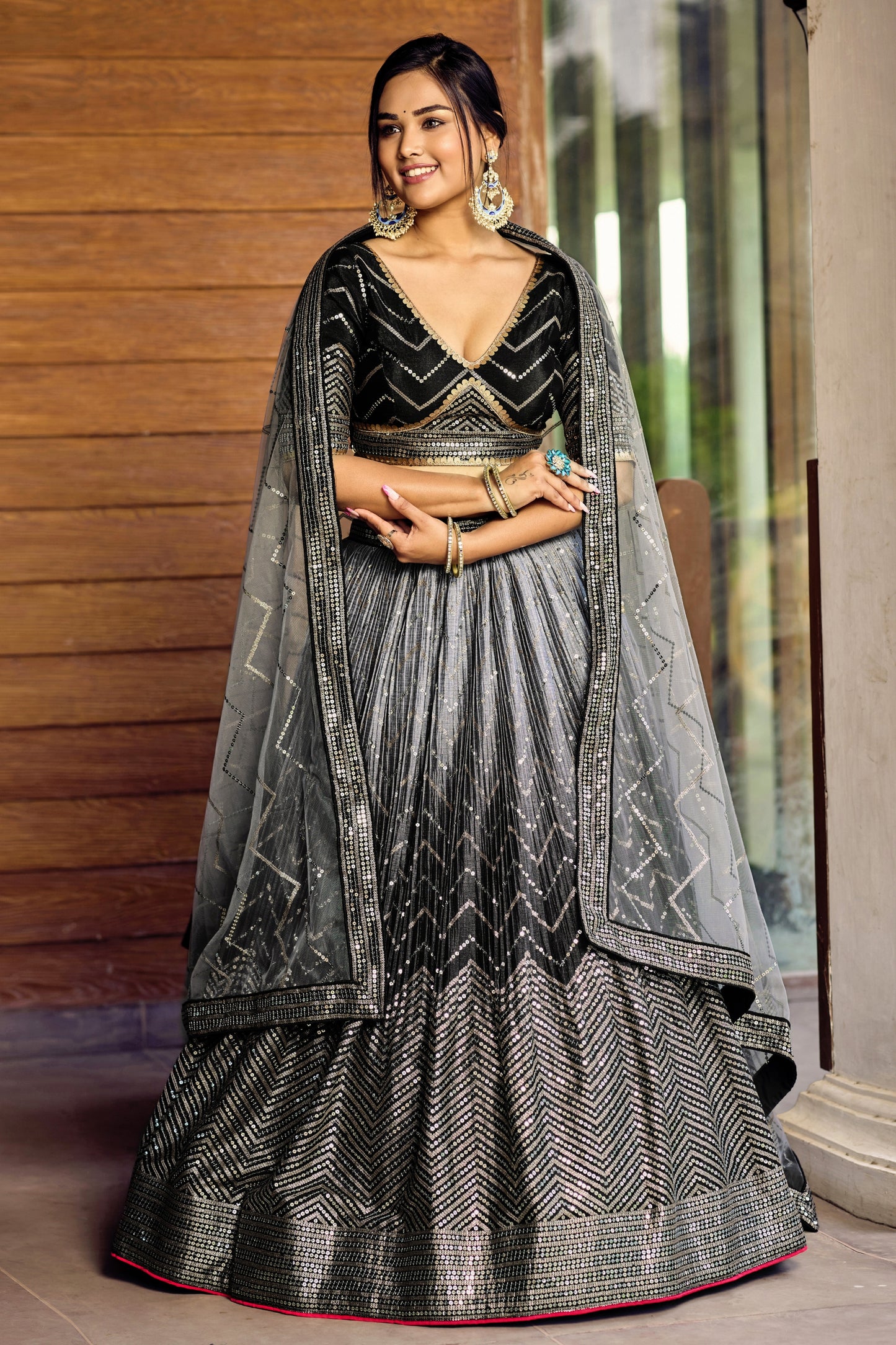 Stunning Black Chinon Designer Lehenga Choli Set with Sequin Work and Matching Dupatta