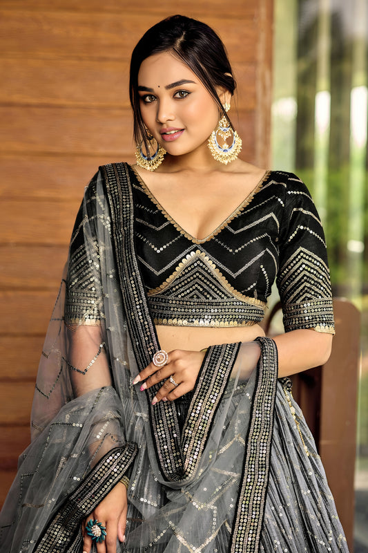 Stunning Black Chinon Designer Lehenga Choli Set with Sequin Work and Matching Dupatta