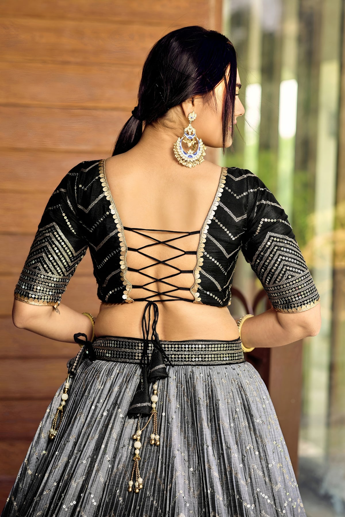 Stunning Black Chinon Designer Lehenga Choli Set with Sequin Work and Matching Dupatta