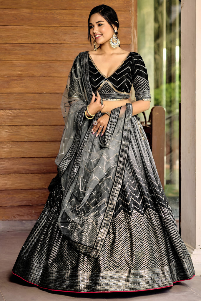 Stunning Black Chinon Designer Lehenga Choli Set with Sequin Work and Matching Dupatta