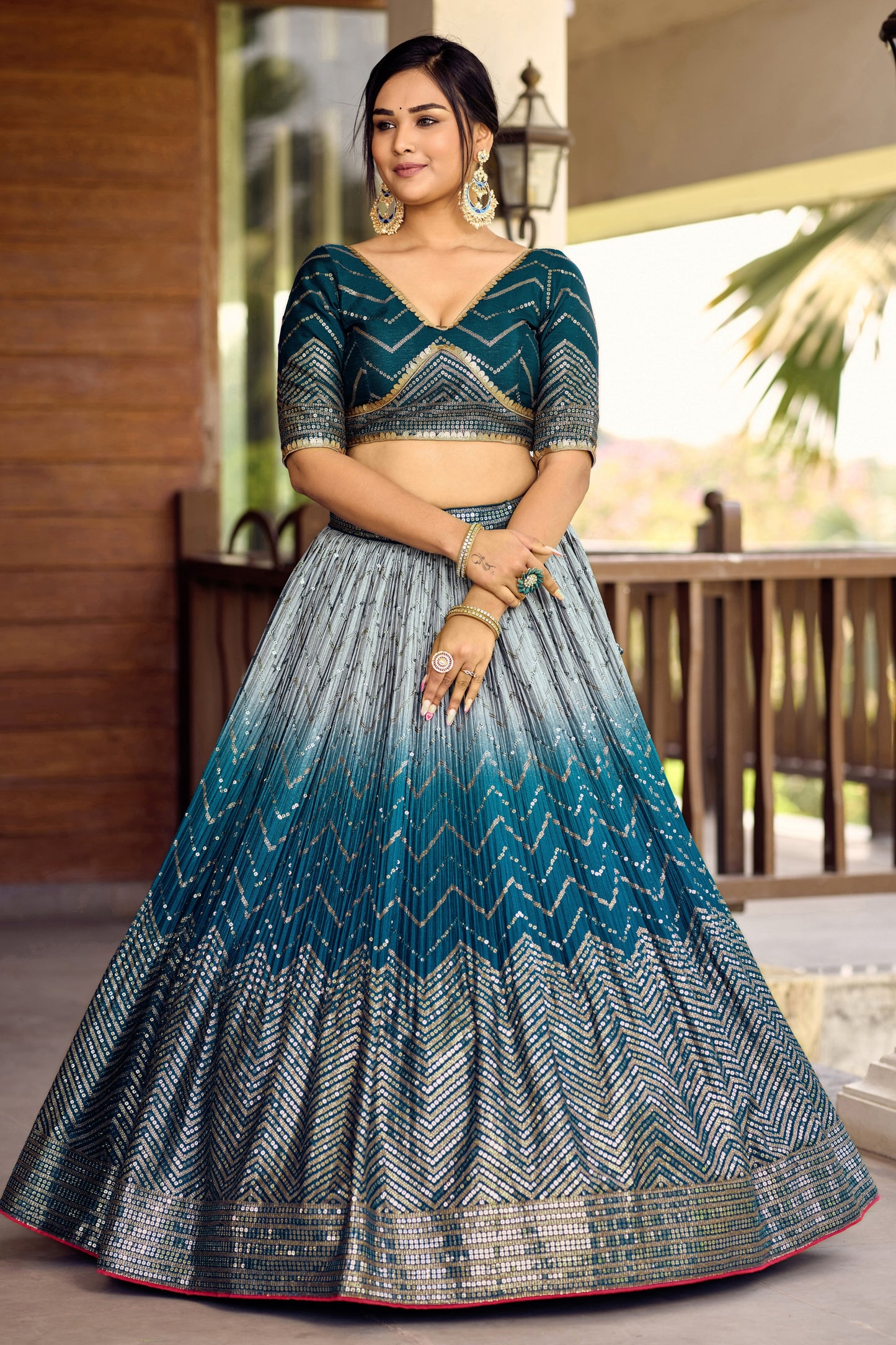 Adorable Teal Blue Chinon Designer Lehenga Choli Set with Sequin Work and Matching Dupatta