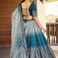 Adorable Teal Blue Chinon Designer Lehenga Choli Set with Sequin Work and Matching Dupatta