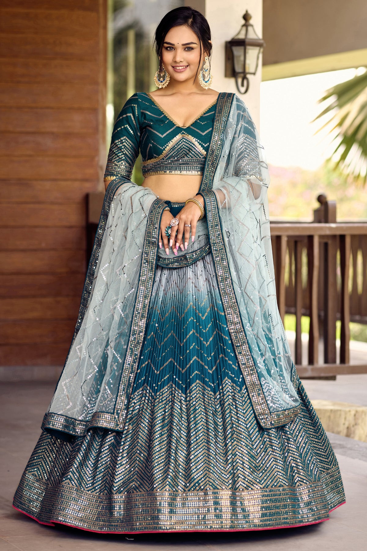 Adorable Teal Blue Chinon Designer Lehenga Choli Set with Sequin Work and Matching Dupatta