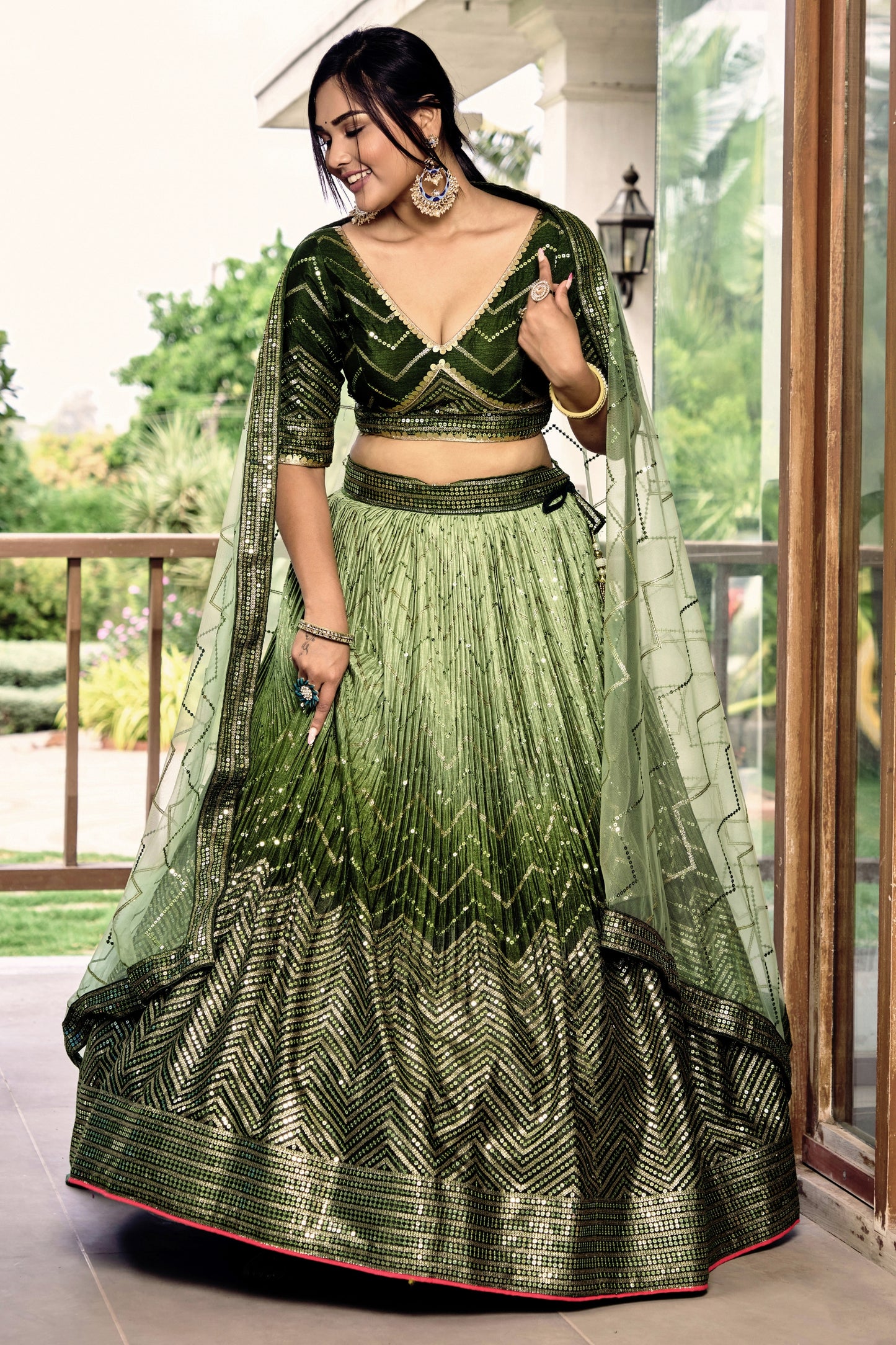 Gorgeous Olive Green Chinon Designer Lehenga Choli Set with Sequin Work and Matching Dupatta