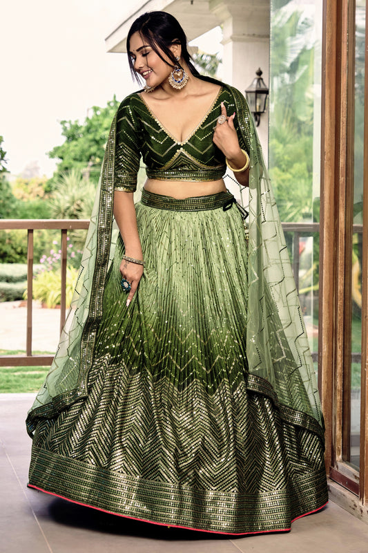 Gorgeous Olive Green Chinon Designer Lehenga Choli Set with Sequin Work and Matching Dupatta