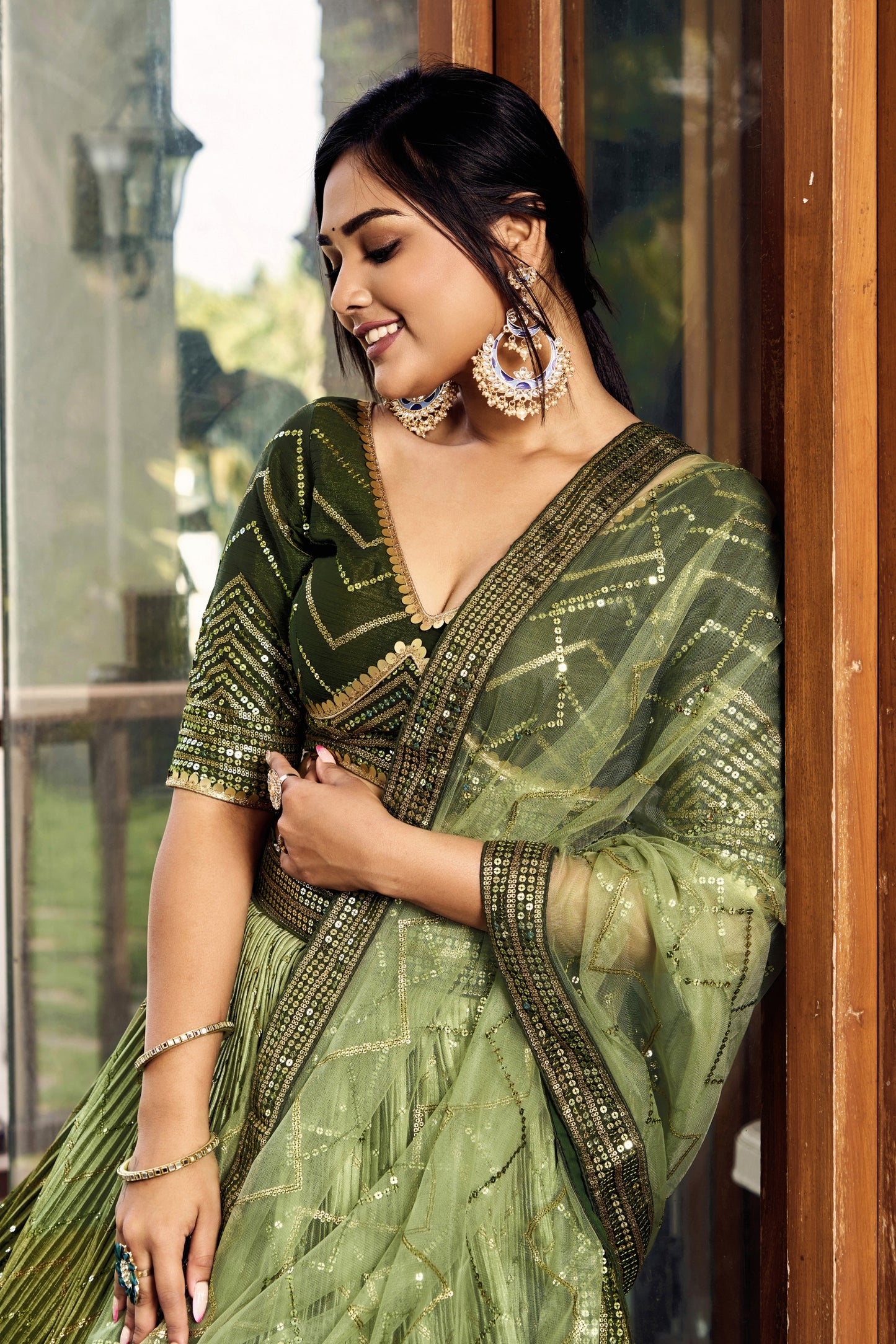 Gorgeous Olive Green Chinon Designer Lehenga Choli Set with Sequin Work and Matching Dupatta