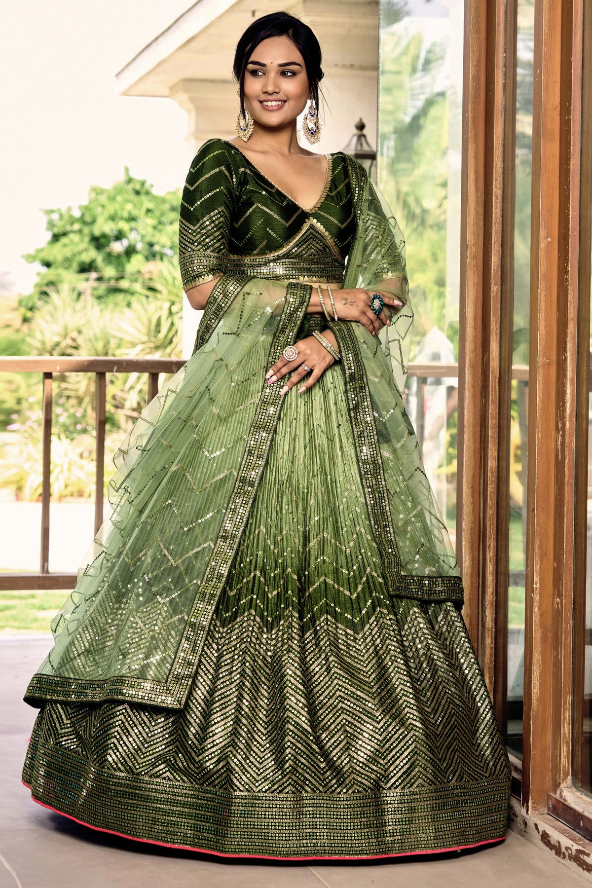 Gorgeous Olive Green Chinon Designer Lehenga Choli Set with Sequin Work and Matching Dupatta
