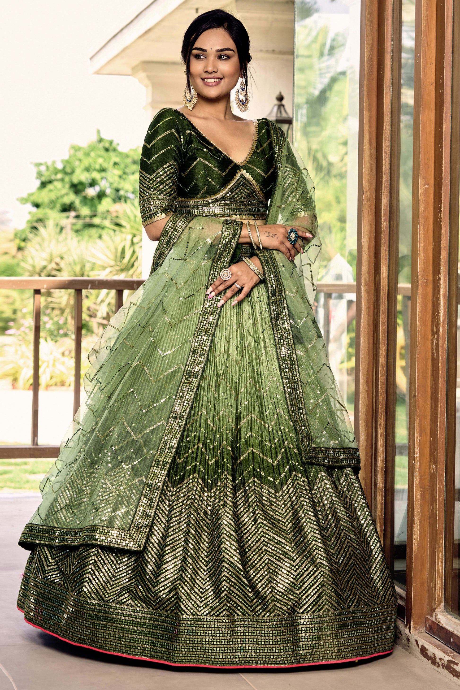 Gorgeous Olive Green Chinon Designer Lehenga Choli Set with Sequin Work and Matching Dupatta