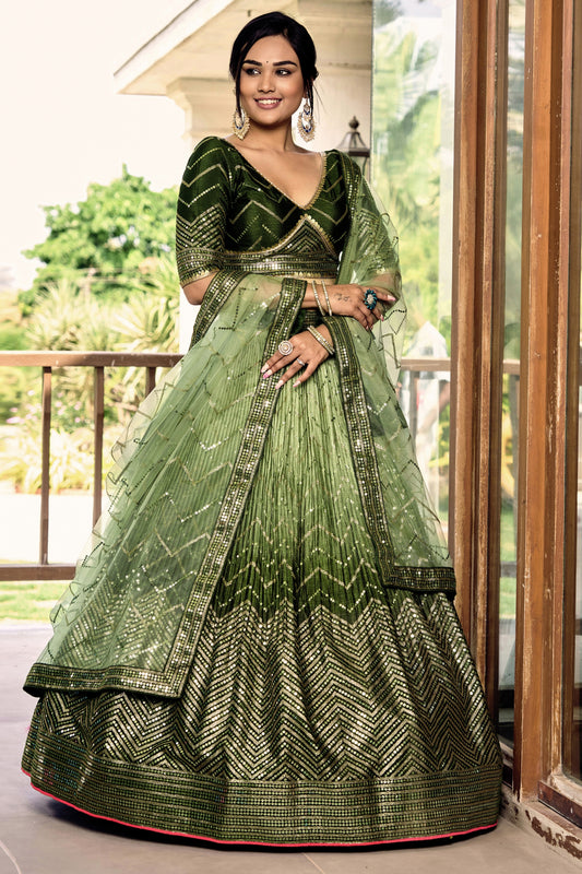 Gorgeous Olive Green Chinon Designer Lehenga Choli Set with Sequin Work and Matching Dupatta