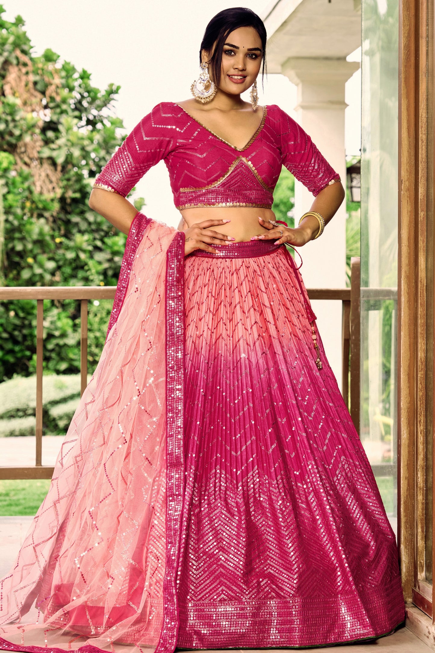 Lovely Rani Pink Chinon Designer Lehenga Choli Set with Sequin Work and Matching Dupatta