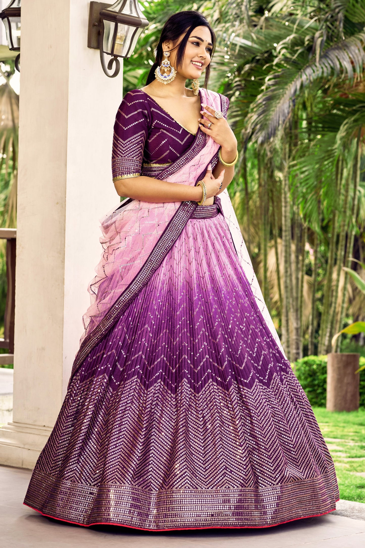 Beautiful Purple Chinon Designer Lehenga Choli Set with Sequin Work and Matching Dupatta
