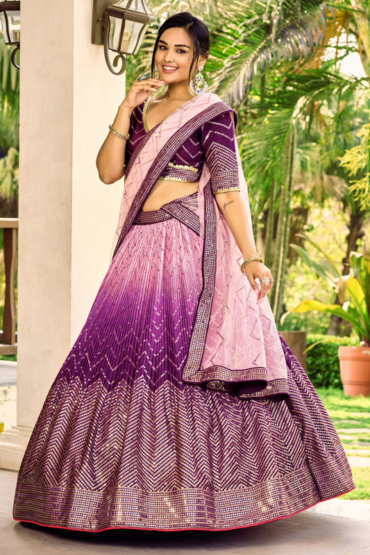 Beautiful Purple Chinon Designer Lehenga Choli Set with Sequin Work and Matching Dupatta