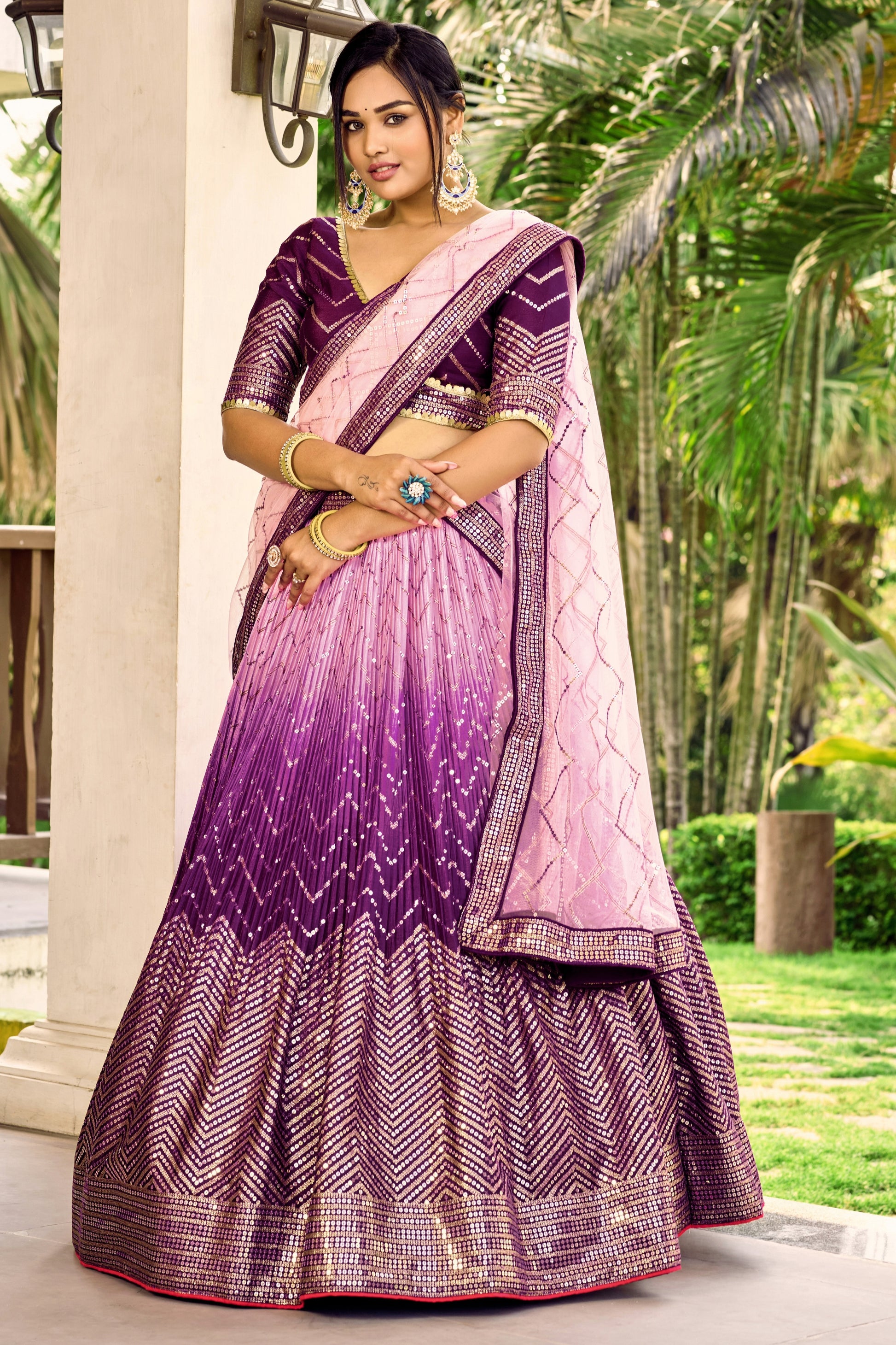 Beautiful Purple Chinon Designer Lehenga Choli Set with Sequin Work and Matching Dupatta