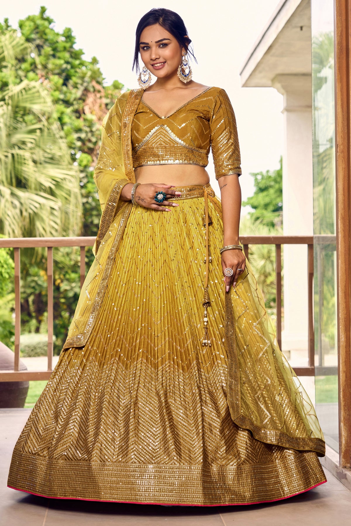 Elegant Mustard Yellow Chinon Designer Lehenga Choli Set with Sequin Work and Matching Dupatta
