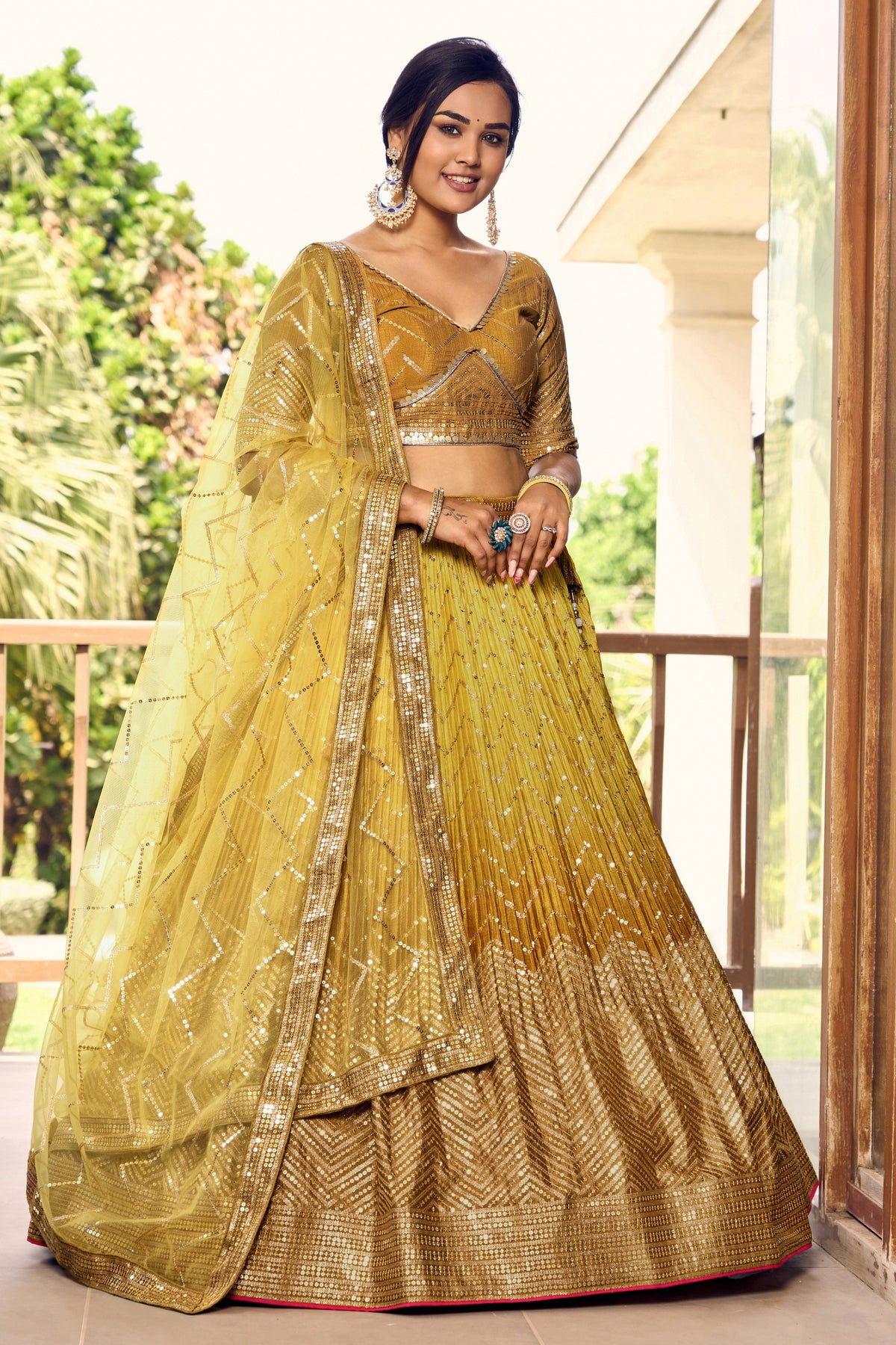 Elegant Mustard Yellow Chinon Designer Lehenga Choli Set with Sequin Work and Matching Dupatta