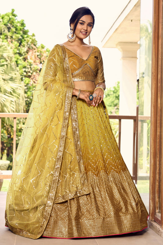 Elegant Mustard Yellow Chinon Designer Lehenga Choli Set with Sequin Work and Matching Dupatta