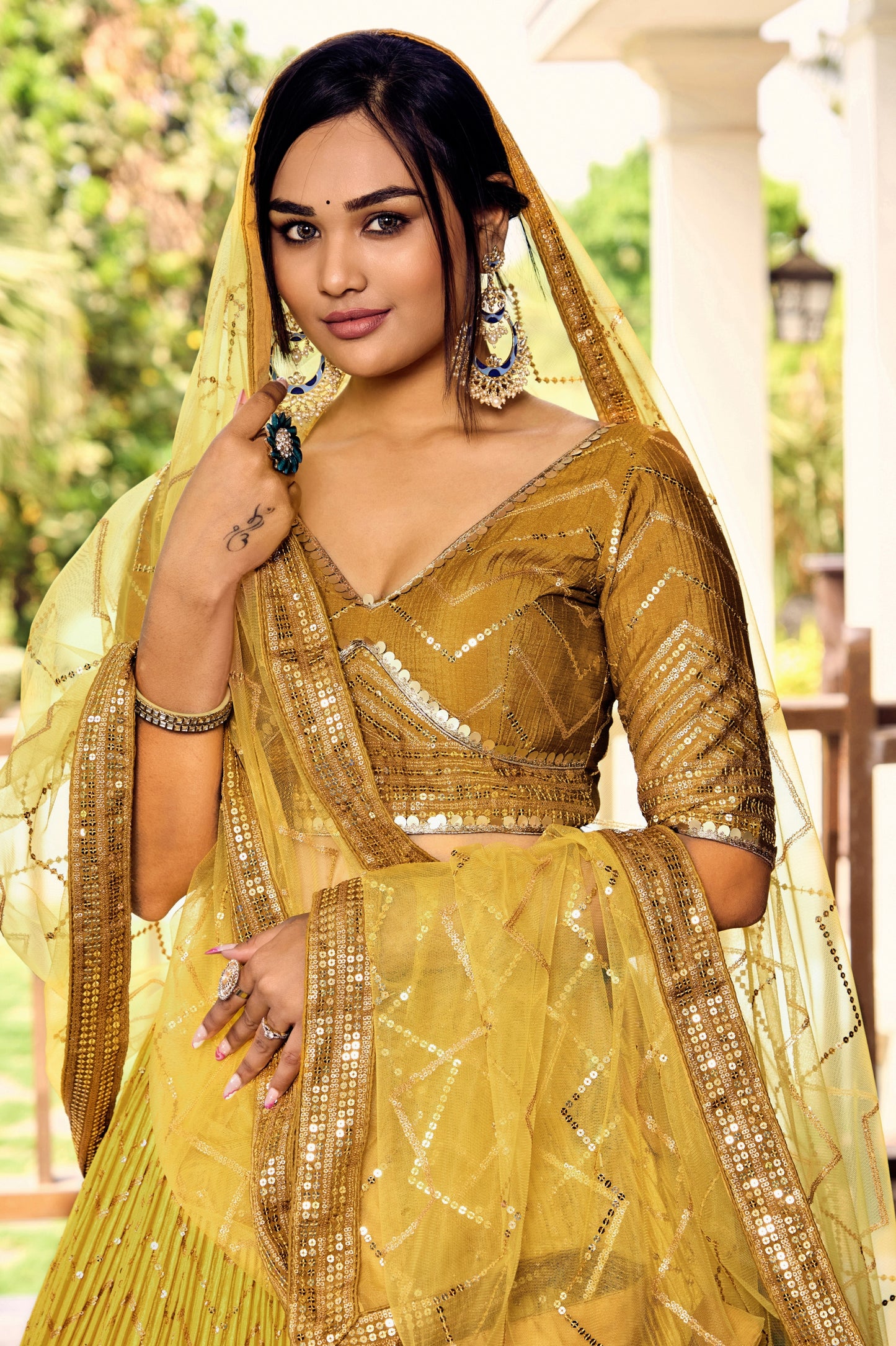 Elegant Mustard Yellow Chinon Designer Lehenga Choli Set with Sequin Work and Matching Dupatta