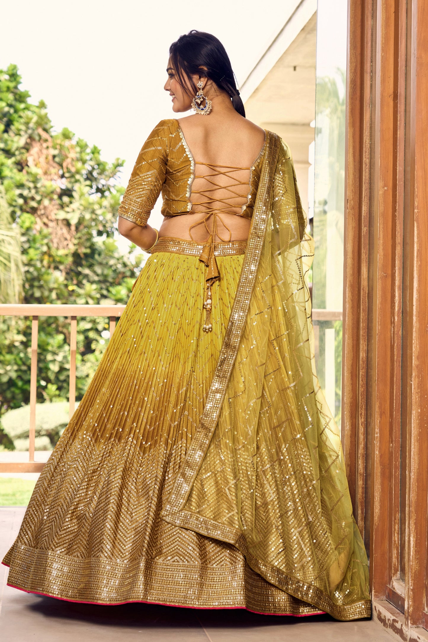 Elegant Mustard Yellow Chinon Designer Lehenga Choli Set with Sequin Work and Matching Dupatta