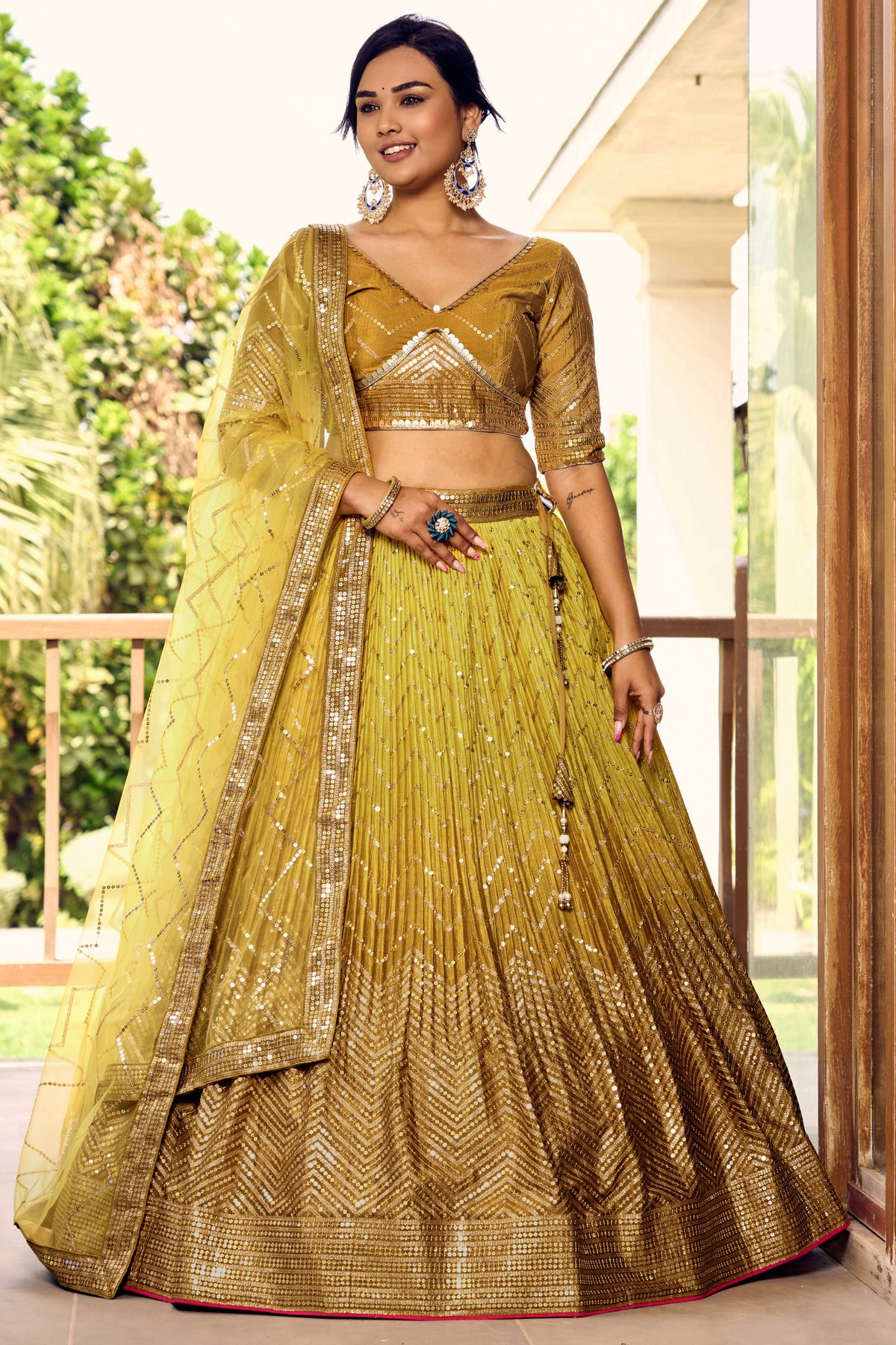 Elegant Mustard Yellow Chinon Designer Lehenga Choli Set with Sequin Work and Matching Dupatta
