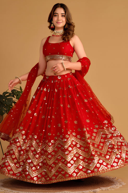 Stunning Red Georgette Designer Lehenga Choli with Embroidery Work and Matching Dupatta