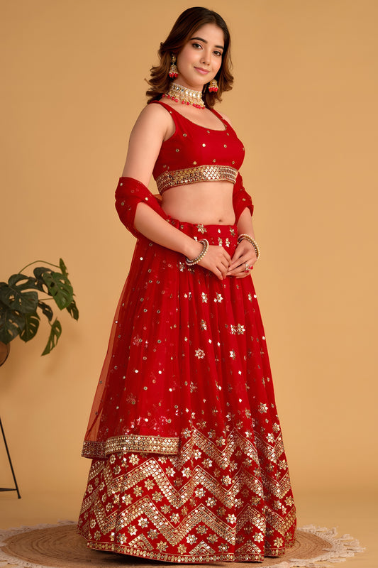 Stunning Red Georgette Designer Lehenga Choli with Embroidery Work and Matching Dupatta