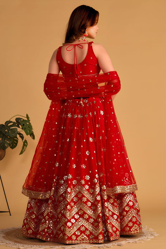 Stunning Red Georgette Designer Lehenga Choli with Embroidery Work and Matching Dupatta