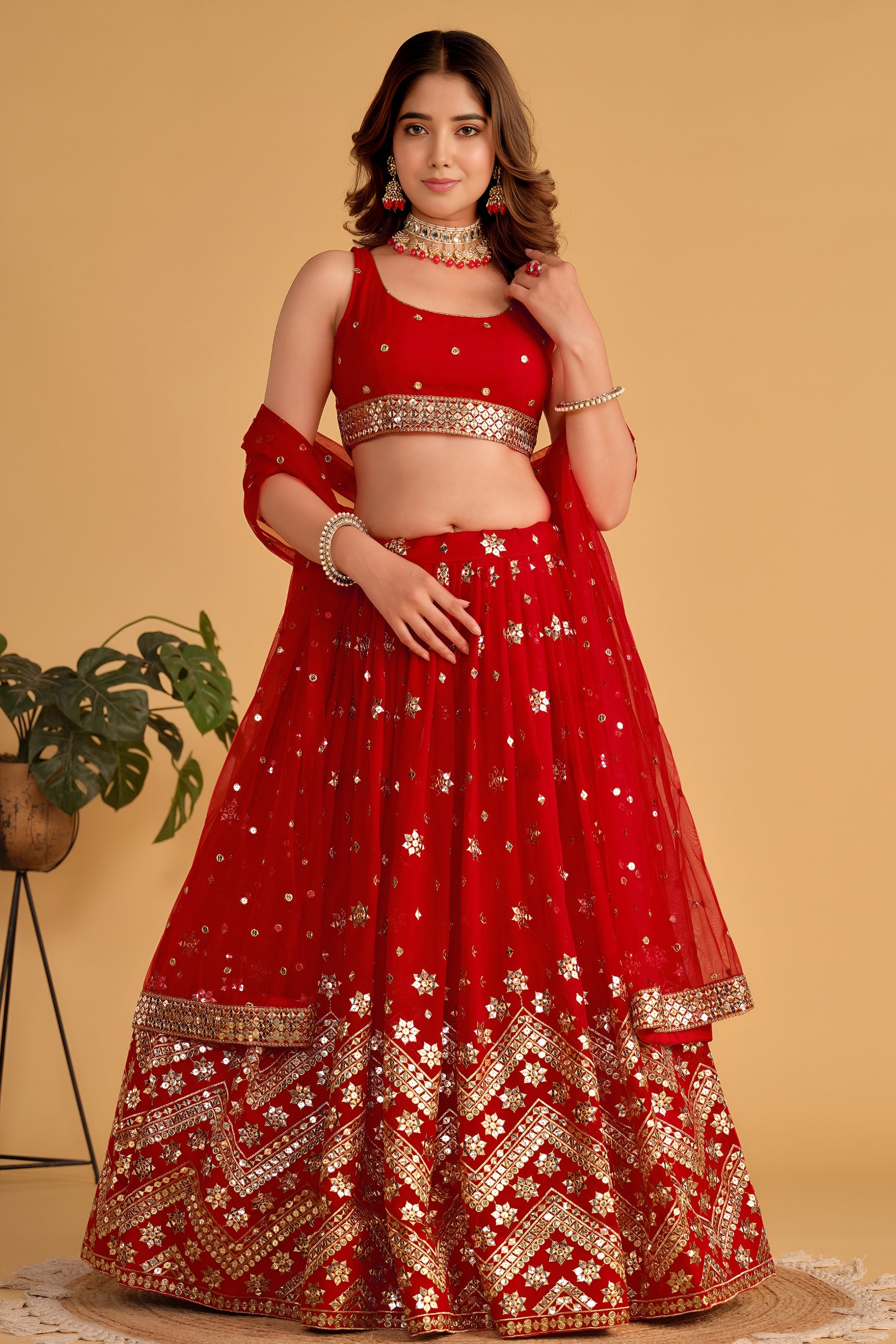 Stunning Red Georgette Designer Lehenga Choli with Embroidery Work and Matching Dupatta