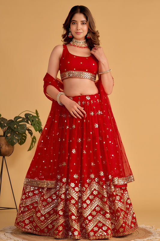 Stunning Red Georgette Designer Lehenga Choli with Embroidery Work and Matching Dupatta