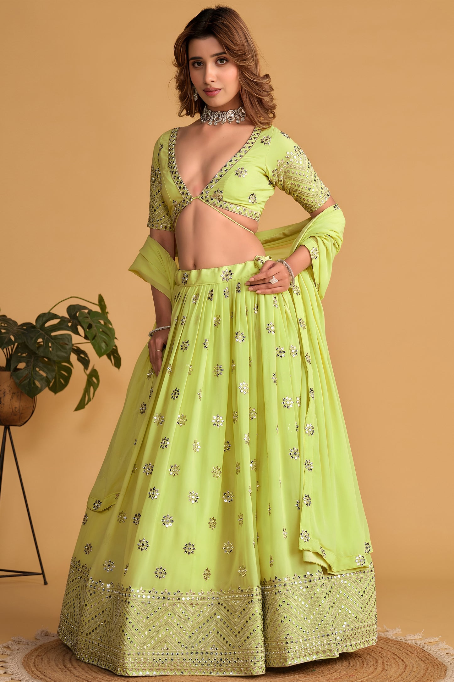 Gorgeous Lime Green Georgette Designer Lehenga Choli with Embroidery Work and Matching Dupatta