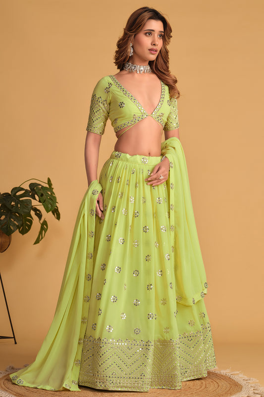 Gorgeous Lime Green Georgette Designer Lehenga Choli with Embroidery Work and Matching Dupatta