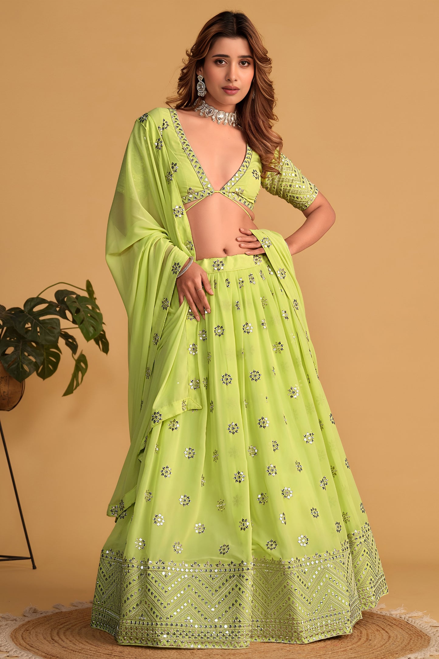 Gorgeous Lime Green Georgette Designer Lehenga Choli with Embroidery Work and Matching Dupatta