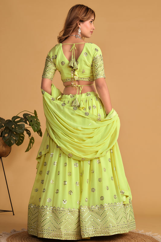 Gorgeous Lime Green Georgette Designer Lehenga Choli with Embroidery Work and Matching Dupatta