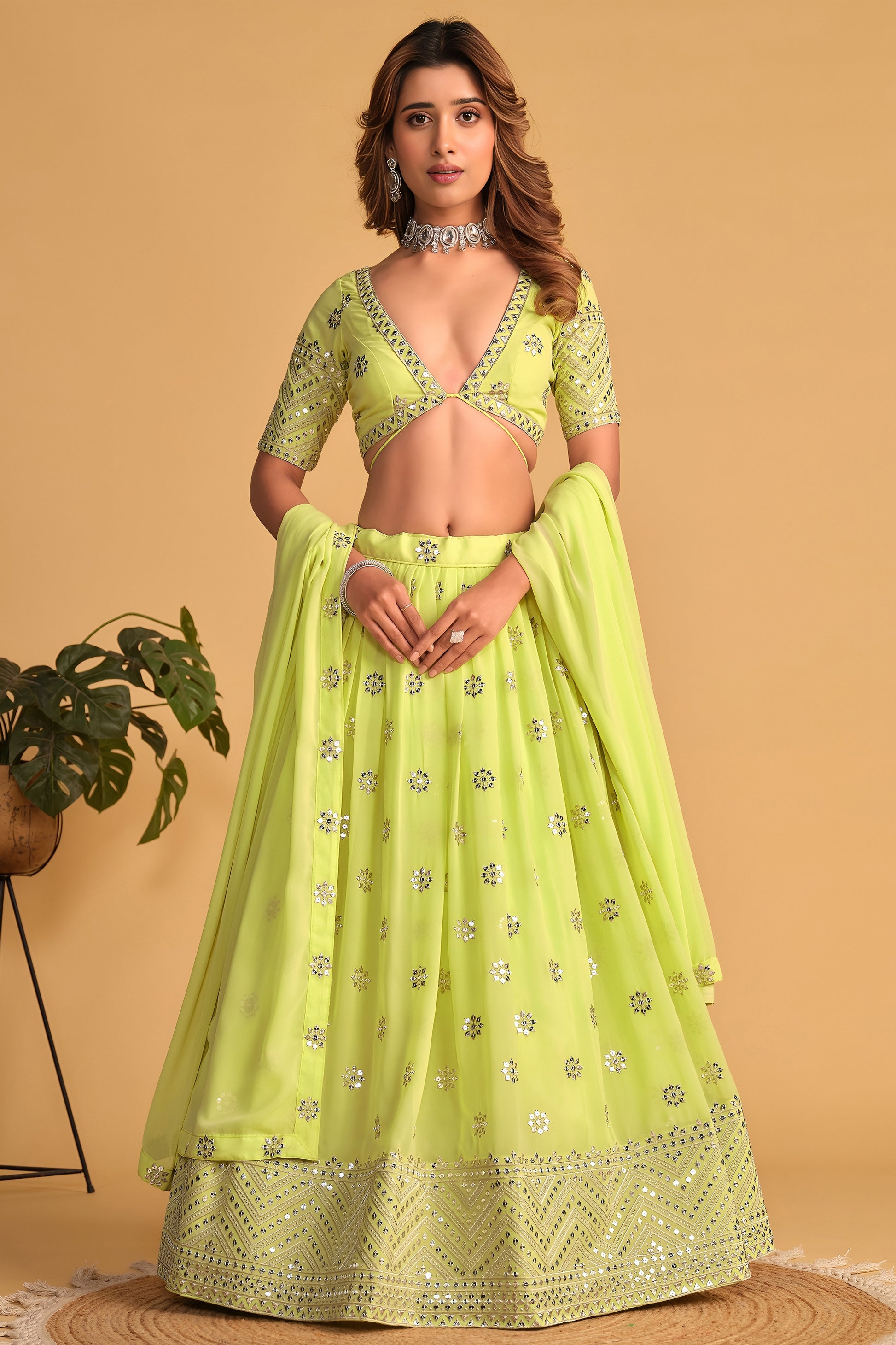 Gorgeous Lime Green Georgette Designer Lehenga Choli with Embroidery Work and Matching Dupatta
