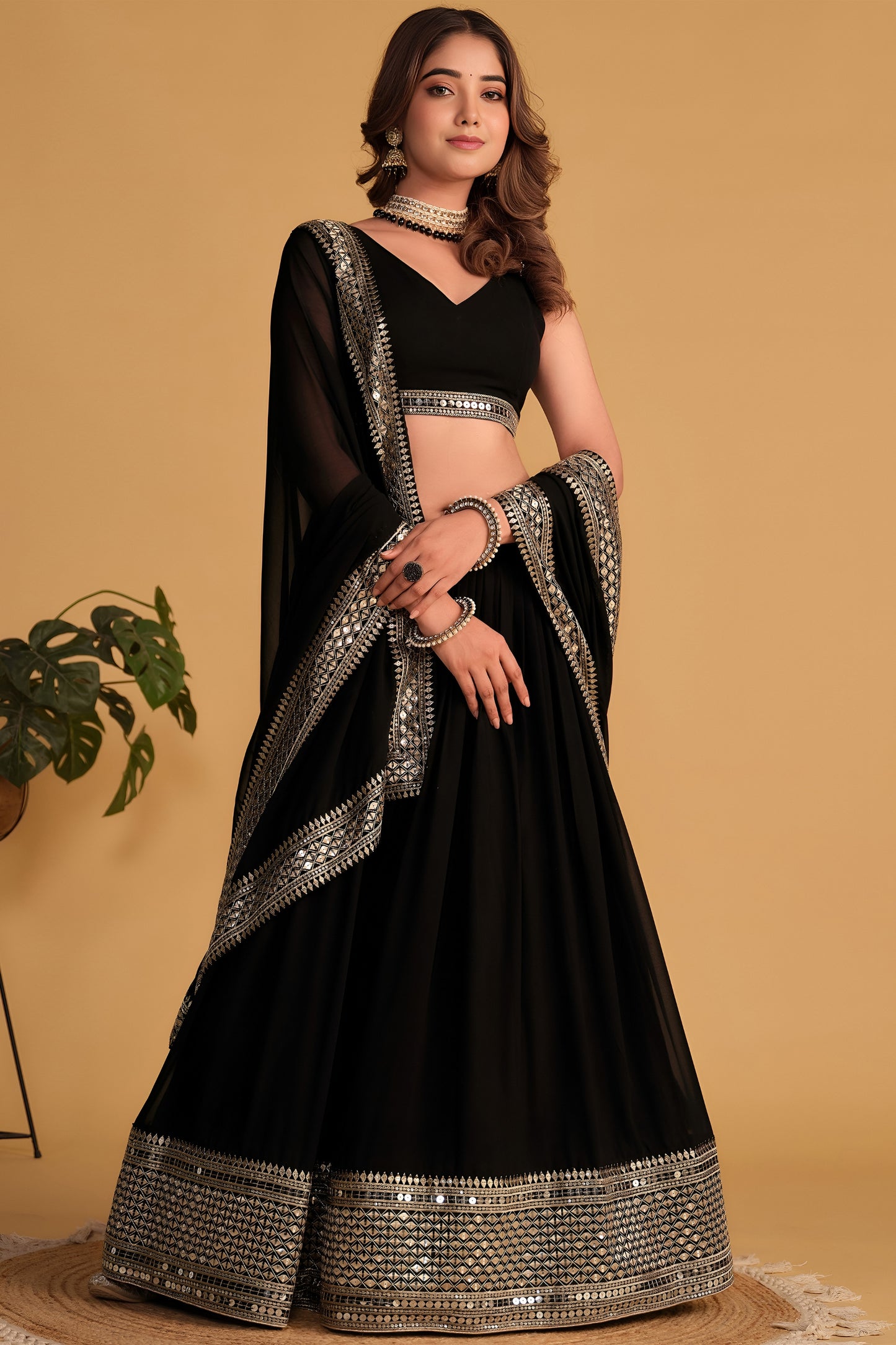 Elegant Black Georgette Designer Lehenga Choli with Embroidery Work and Matching Dupatta