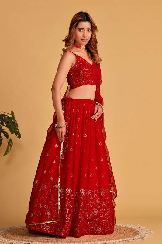Glorious Red Georgette Designer Lehenga Choli with Embroidery Work and Matching Dupatta