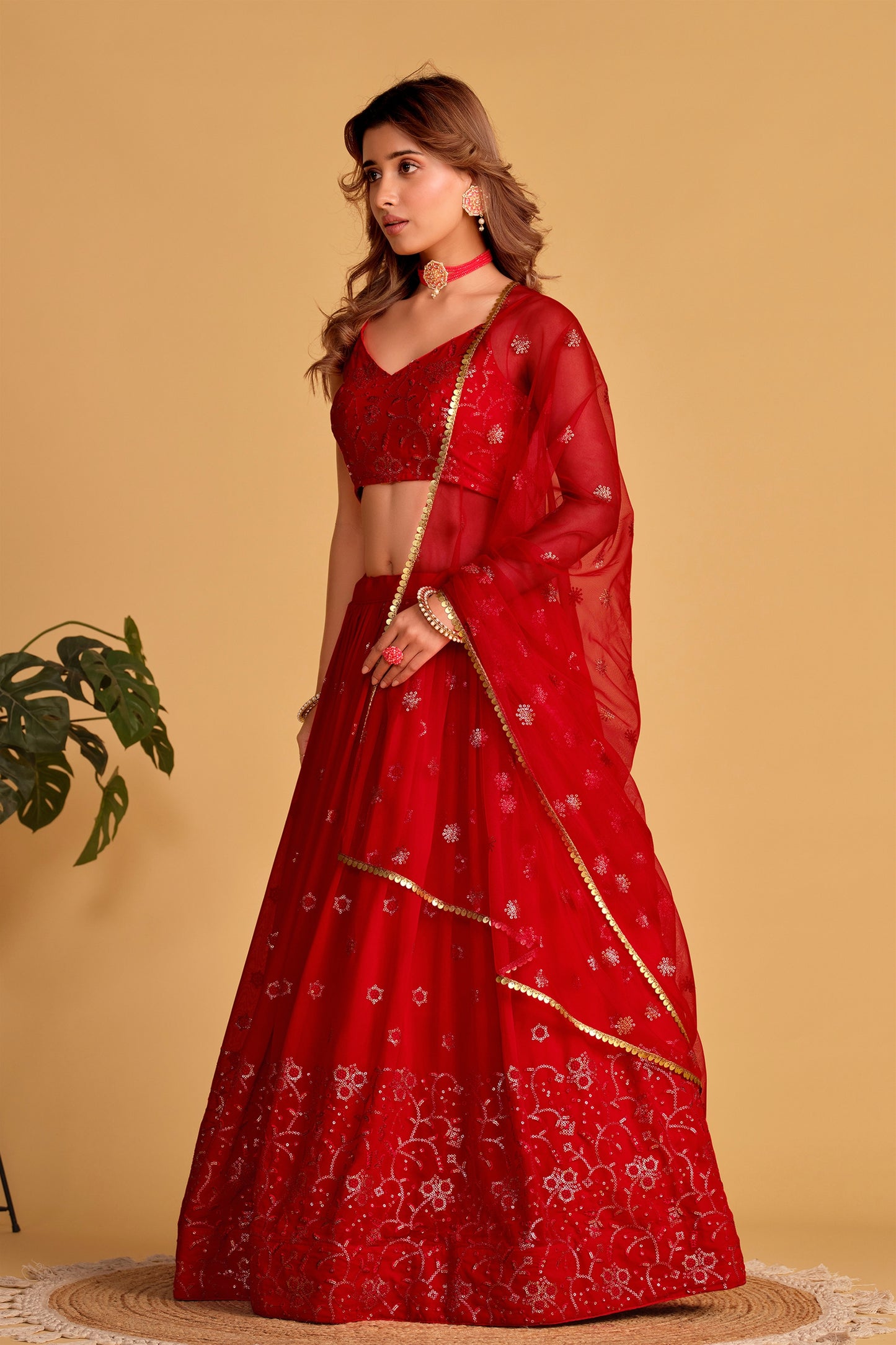 Glorious Red Georgette Designer Lehenga Choli with Embroidery Work and Matching Dupatta
