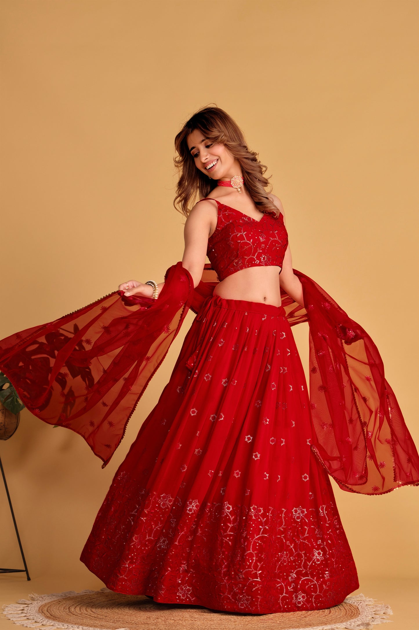 Glorious Red Georgette Designer Lehenga Choli with Embroidery Work and Matching Dupatta