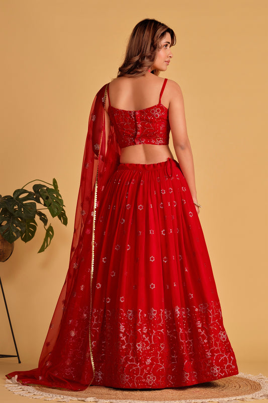 Glorious Red Georgette Designer Lehenga Choli with Embroidery Work and Matching Dupatta